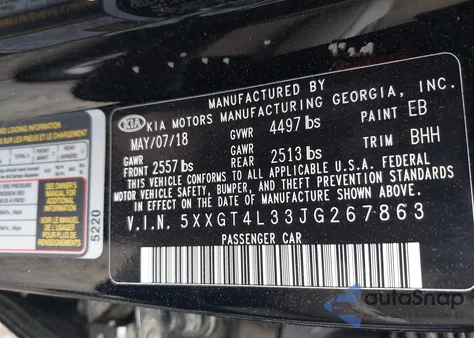 2018 Kia Optima Lx z USA, uszkodzony, nr VIN 5XXGT4L33JG267863